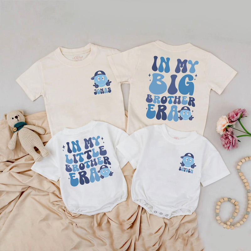 Retro Big Brother and Little Brother Matching Outfit Personalized Name Shirt and Romper 70s Smiley Face Baby Toddler Gift Trendy Design