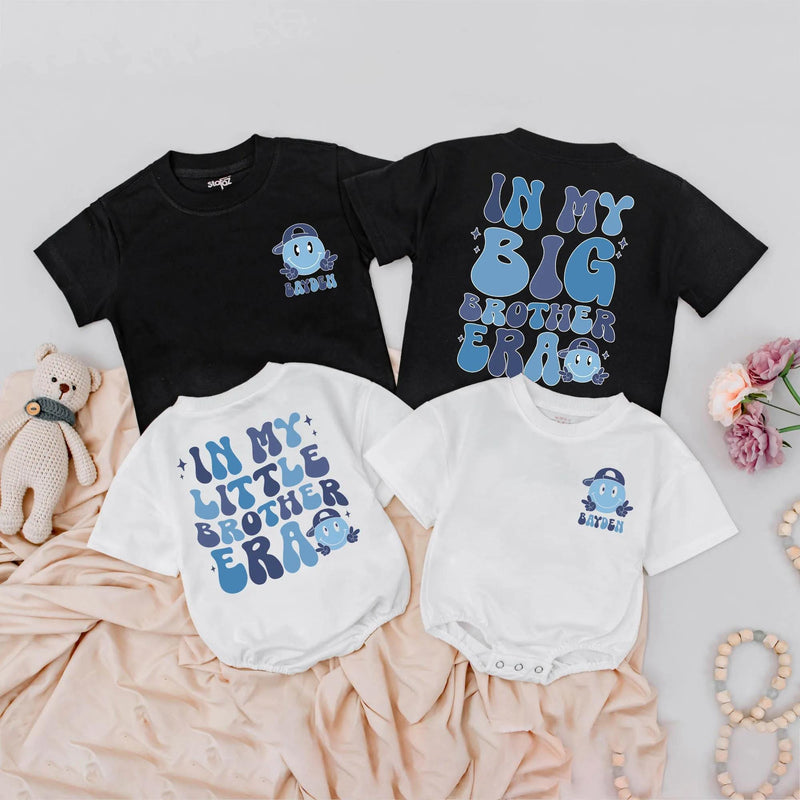 Retro Big Brother and Little Brother Matching Outfit Personalized Name Shirt and Romper 70s Smiley Face Baby Toddler Gift Trendy Design