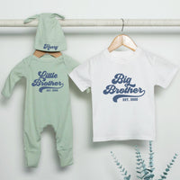 Retro Big Brother Little Brother Matching Outfits Personalized Sibling Set Navy Blue Baby Bodysuit & Big Bro T-Shirt Custom Gift Idea