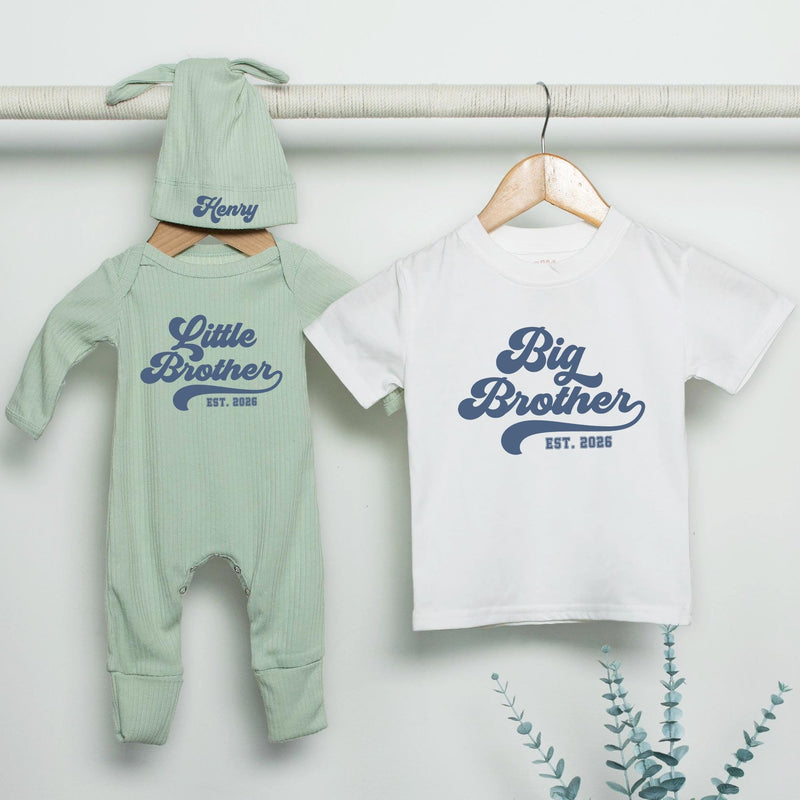 Retro Big Brother Little Brother Matching Outfits Personalized Sibling Set Navy Blue Baby Bodysuit & Big Bro T-Shirt Custom Gift Idea