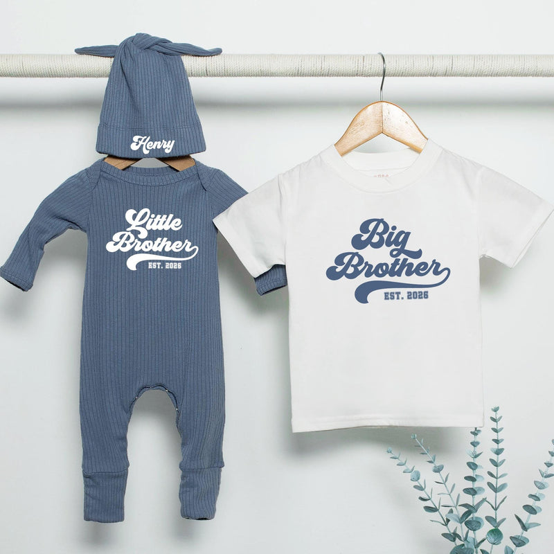 Retro Big Brother Little Brother Matching Outfits Personalized Sibling Set Navy Blue Baby Bodysuit & Big Bro T-Shirt Custom Gift Idea