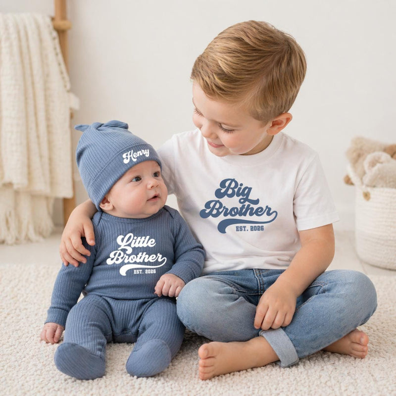 Retro Big Brother Little Brother Matching Outfits Personalized Sibling Set Navy Blue Baby Bodysuit & Big Bro T-Shirt Custom Gift Idea