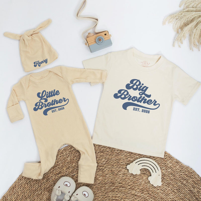 Retro Big Brother Little Brother Matching Outfits Personalized Sibling Set Navy Blue Baby Bodysuit & Big Bro T-Shirt Custom Gift Idea