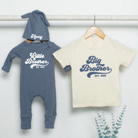 Retro Big Brother Little Brother Matching Outfits Personalized Sibling Set Navy Blue Baby Bodysuit & Big Bro T-Shirt Custom Gift Idea