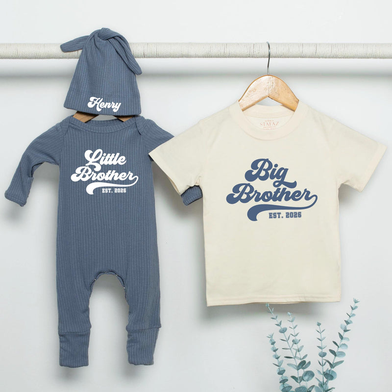 Retro Big Brother Little Brother Matching Outfits Personalized Sibling Set Navy Blue Baby Bodysuit & Big Bro T-Shirt Custom Gift Idea