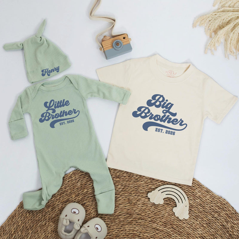 Retro Big Brother Little Brother Matching Outfits Personalized Sibling Set Navy Blue Baby Bodysuit & Big Bro T-Shirt Custom Gift Idea