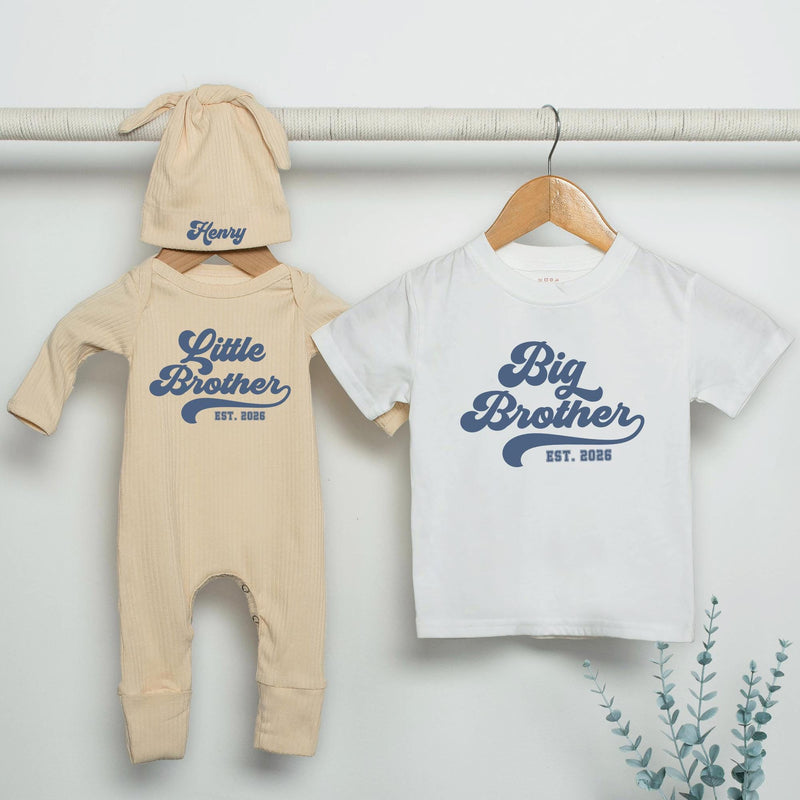 Retro Big Brother Little Brother Matching Outfits Personalized Sibling Set Navy Blue Baby Bodysuit & Big Bro T-Shirt Custom Gift Idea