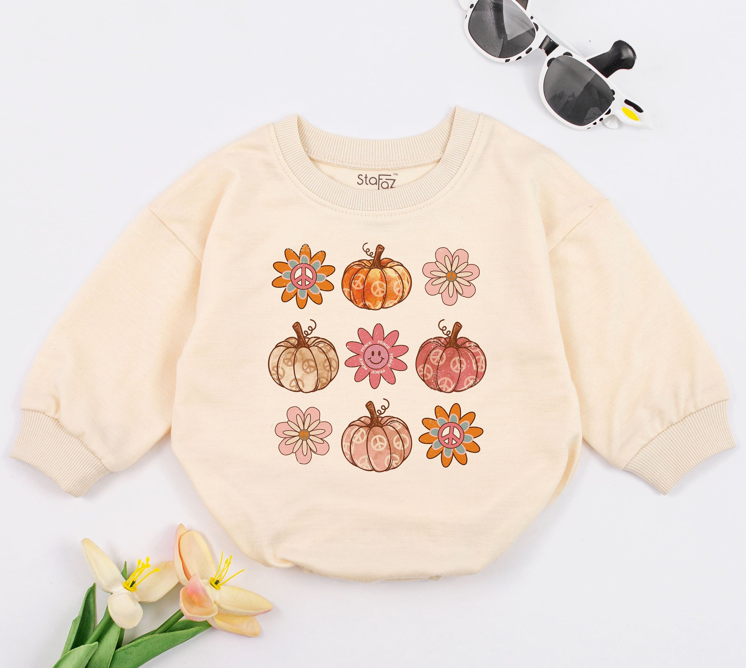 Retro Boho Pumpkin Baby Romper with Smiley Flowers Cute Vintage Fall Infant Outfit Soft Cotton Warm Casual Toddler Clothes
