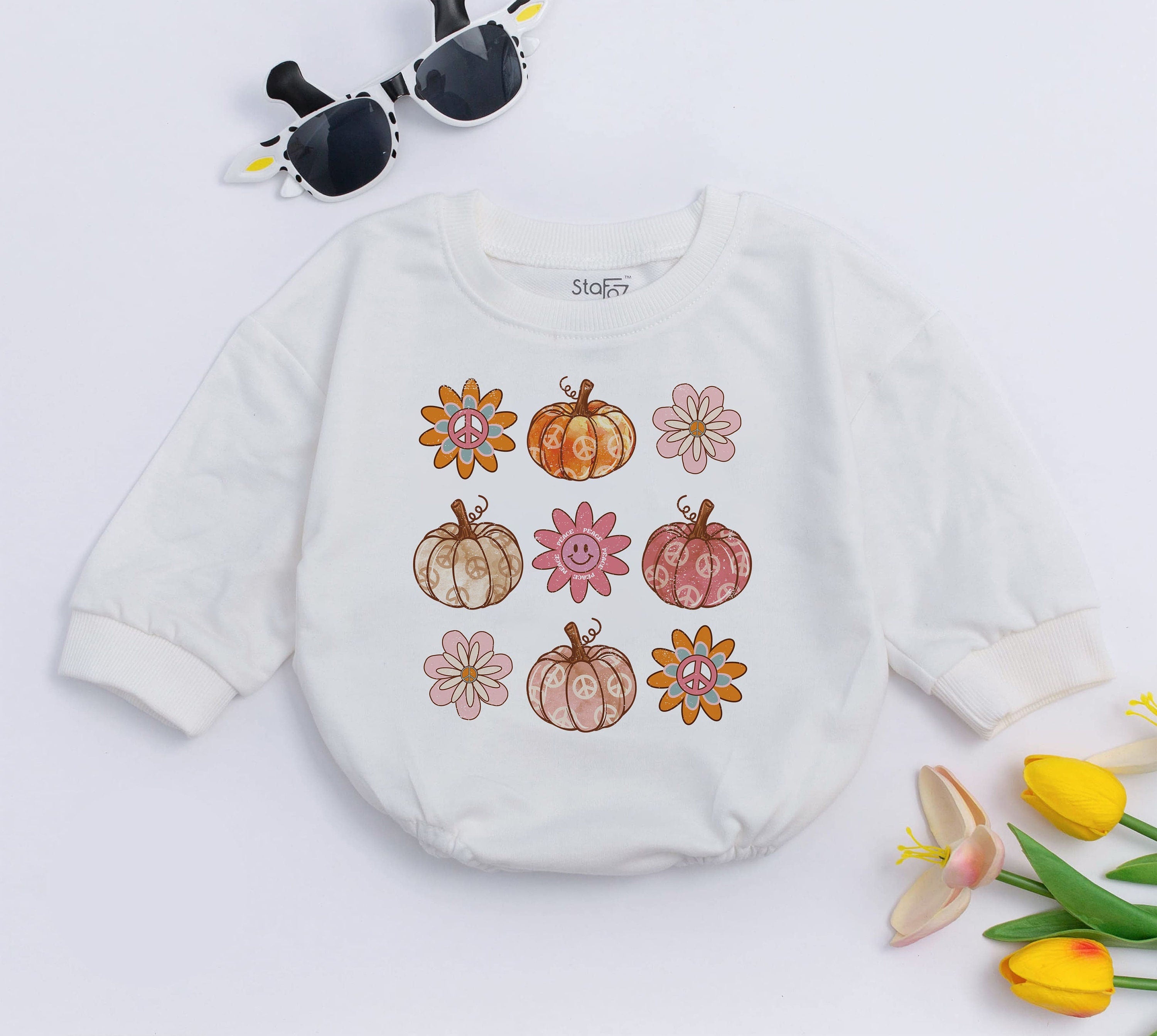 Retro Boho Pumpkin Baby Romper with Smiley Flowers Cute Vintage Fall Infant Outfit Soft Cotton Warm Casual Toddler Clothes