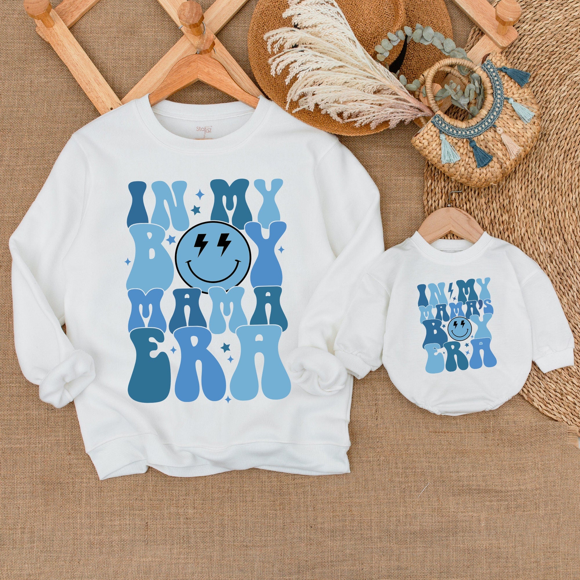 Retro Boy Mama Era Matching Outfits for Mom and Toddler Boys Bold Blue Smiley Vintage Baby Romper Comfortable Cotton Party Look