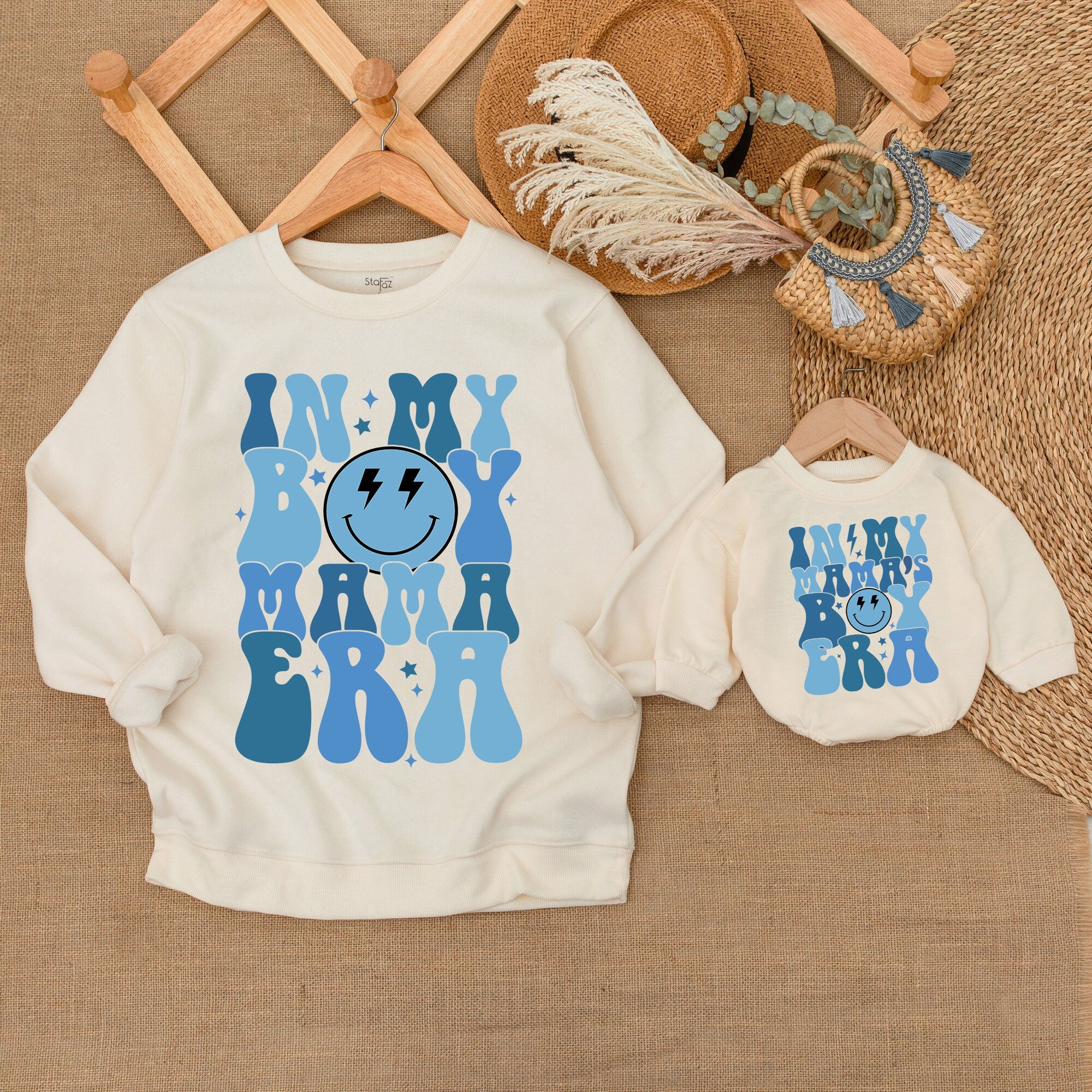 Retro Boy Mama Era Matching Outfits for Mom and Toddler Boys Bold Blue Smiley Vintage Baby Romper Comfortable Cotton Party Look
