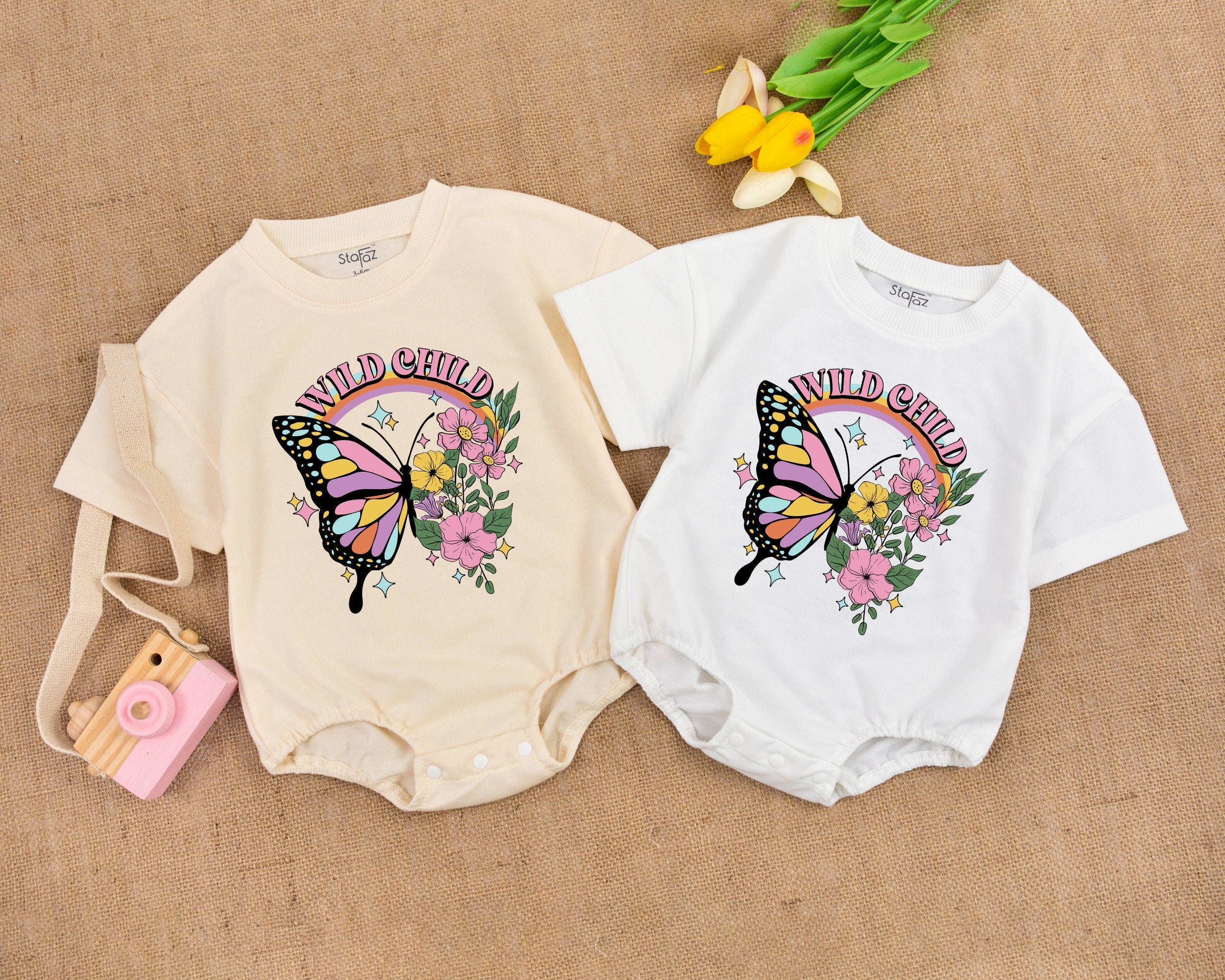 Retro Butterfly Bubble Romper for Baby Girls Groovy 70s Boho Style Outfit with Pink Yellow Floral Design Birthday Holiday Gift