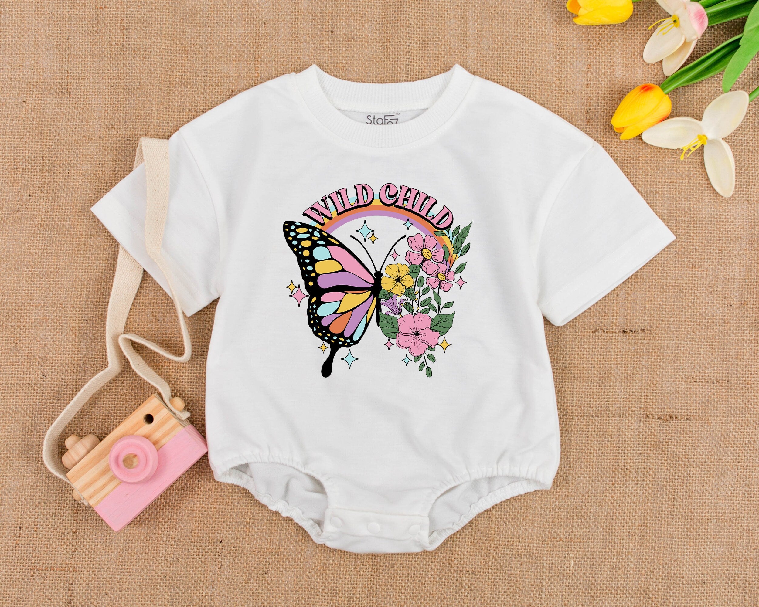 Retro Butterfly Bubble Romper for Baby Girls Groovy 70s Boho Style Outfit with Pink Yellow Floral Design Birthday Holiday Gift