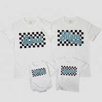 Retro Checkered Family Matching Shirts with Bold Cursive Text Customizable for Dad Mom Mini Sister Nostalgic 70s-Inspired Cotton Tee