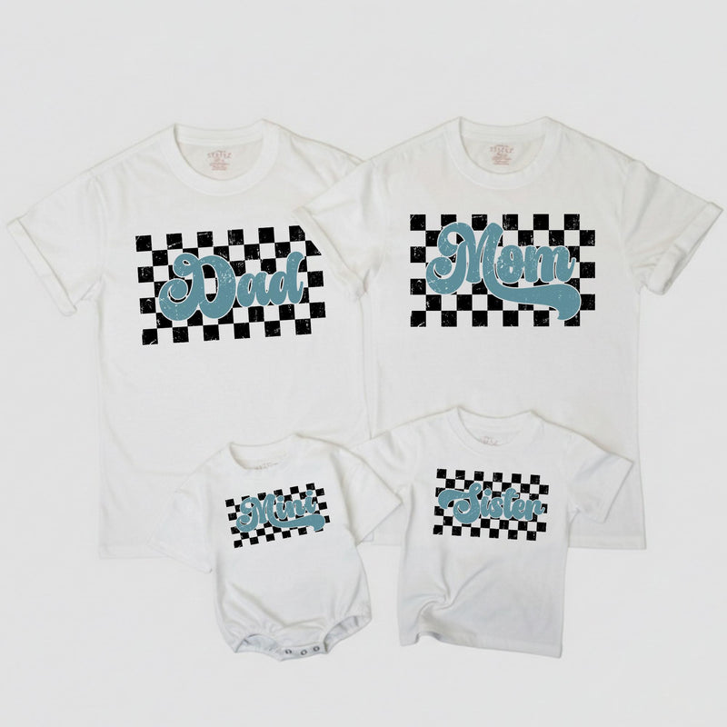 Retro Checkered Family Matching Shirts with Bold Cursive Text Customizable for Dad Mom Mini Sister Nostalgic 70s-Inspired Cotton Tee