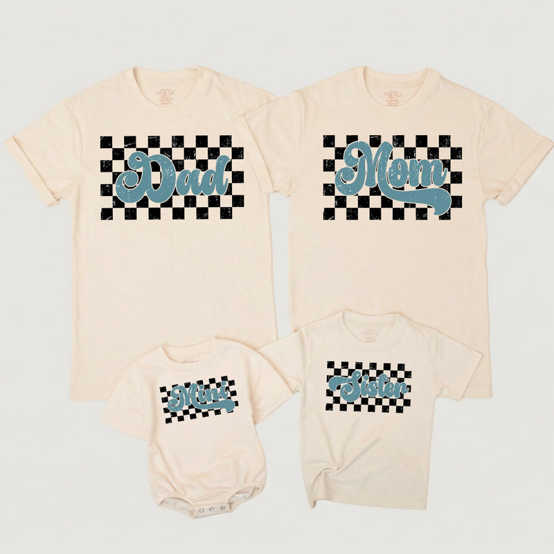 Retro Checkered Family Matching Shirts with Bold Cursive Text Customizable for Dad Mom Mini Sister Nostalgic 70s-Inspired Cotton Tee