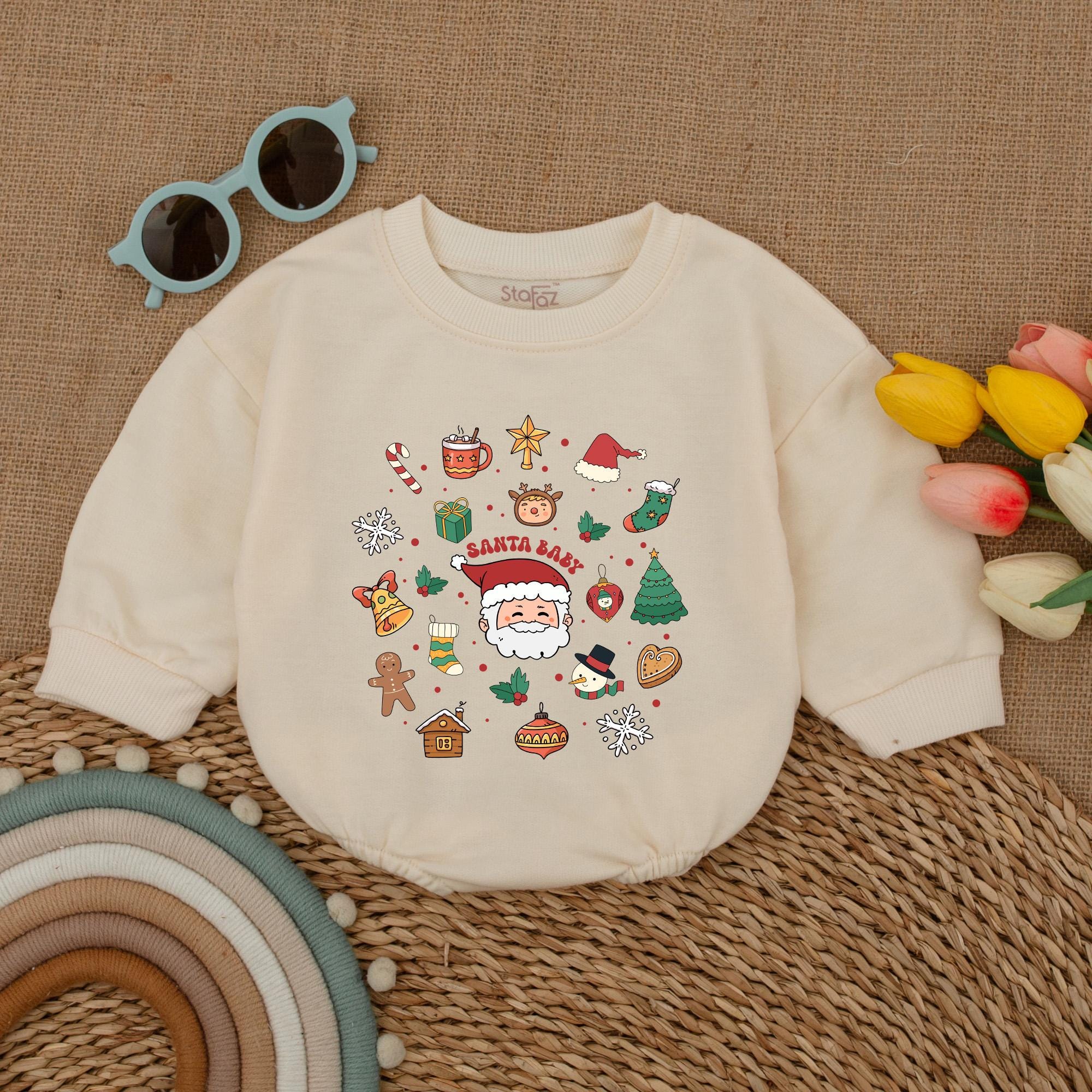 Retro Christmas Baby Bodysuit with Santa Baby Design Holiday Infant Outfit Festive Romper Snowflakes Candy Canes Trees First Christmas
