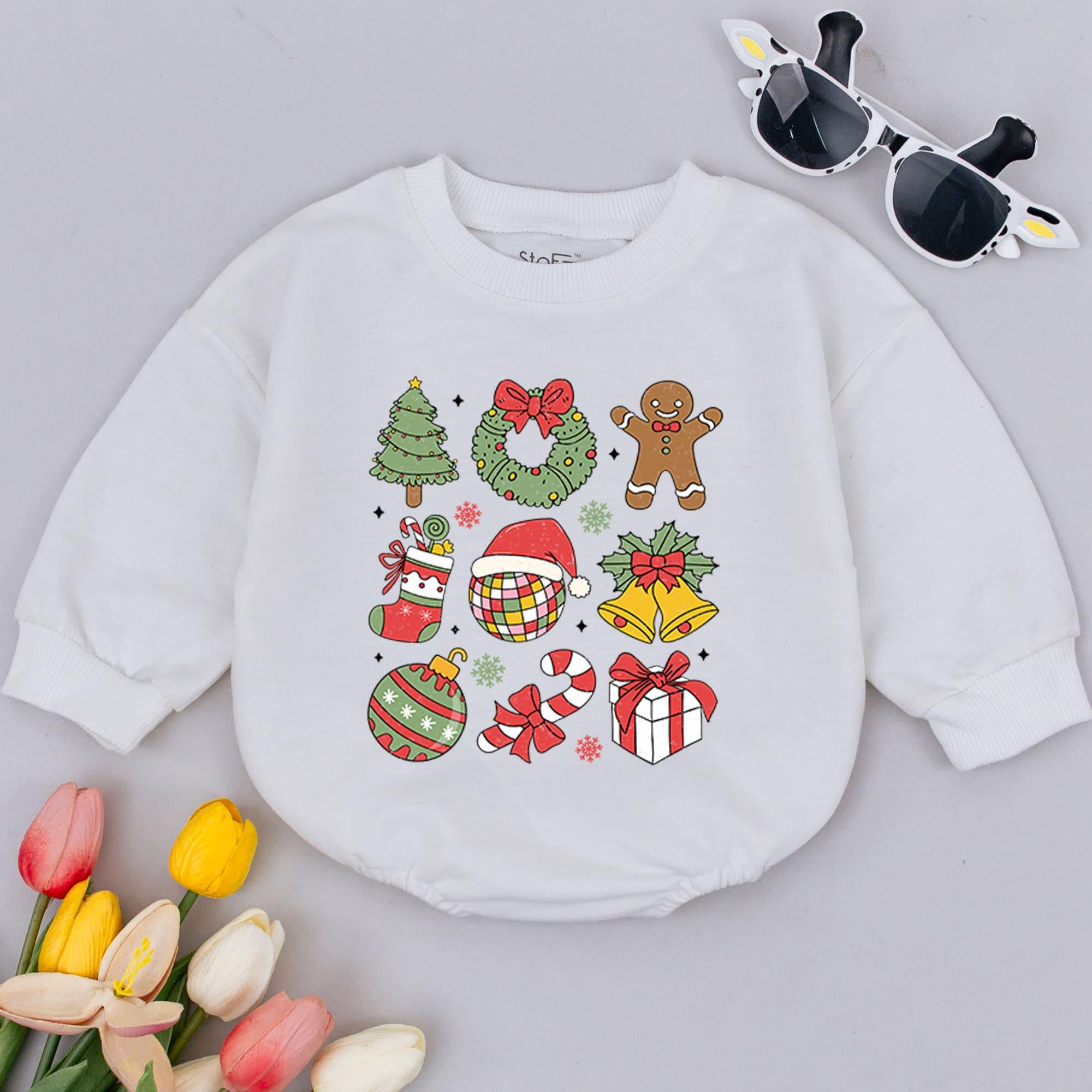Retro Christmas Baby Romper with Playful Holiday Icons First Christmas Outfit Colorful Design Infant Soft Cotton Celebration Gift