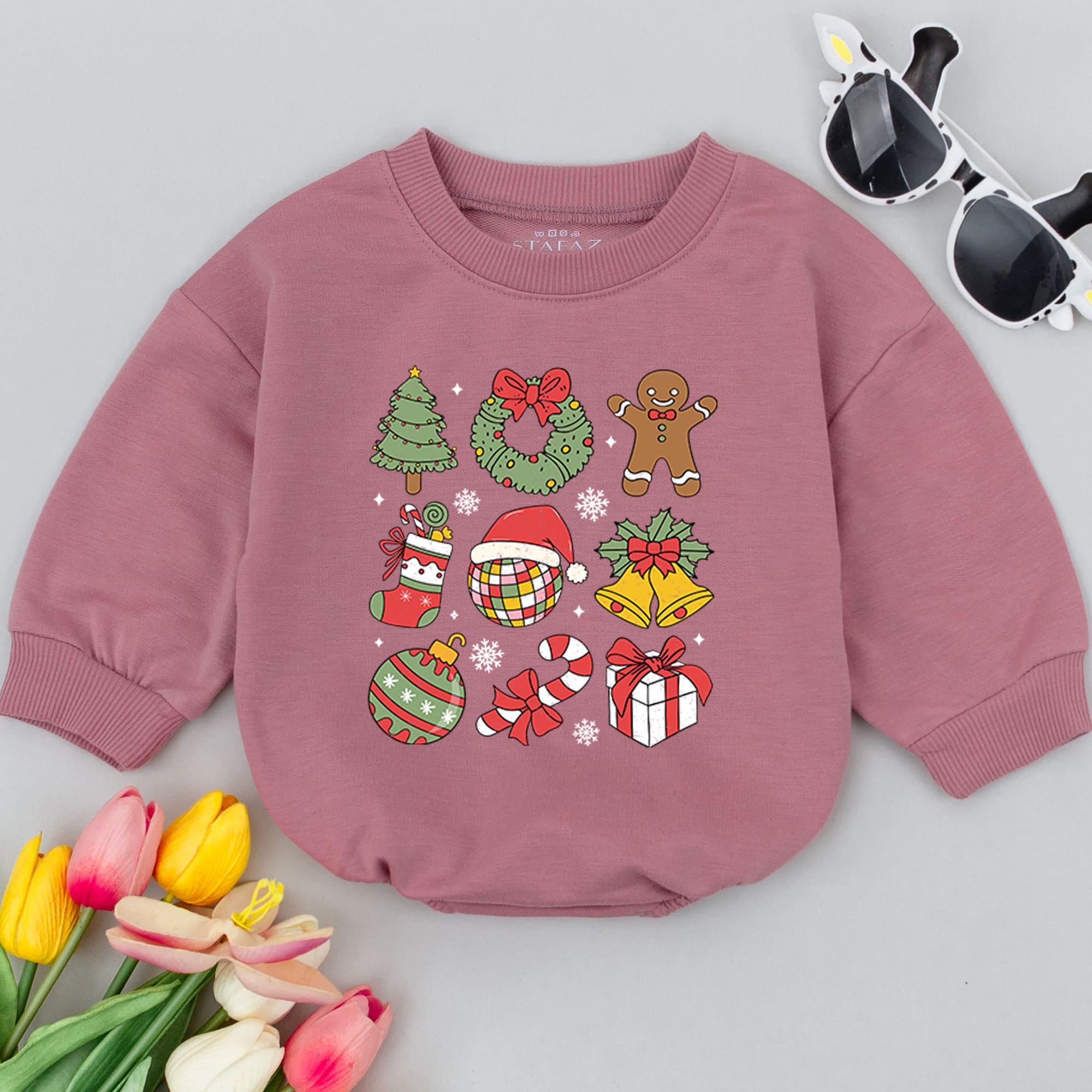 Retro Christmas Baby Romper with Playful Holiday Icons First Christmas Outfit Colorful Design Infant Soft Cotton Celebration Gift
