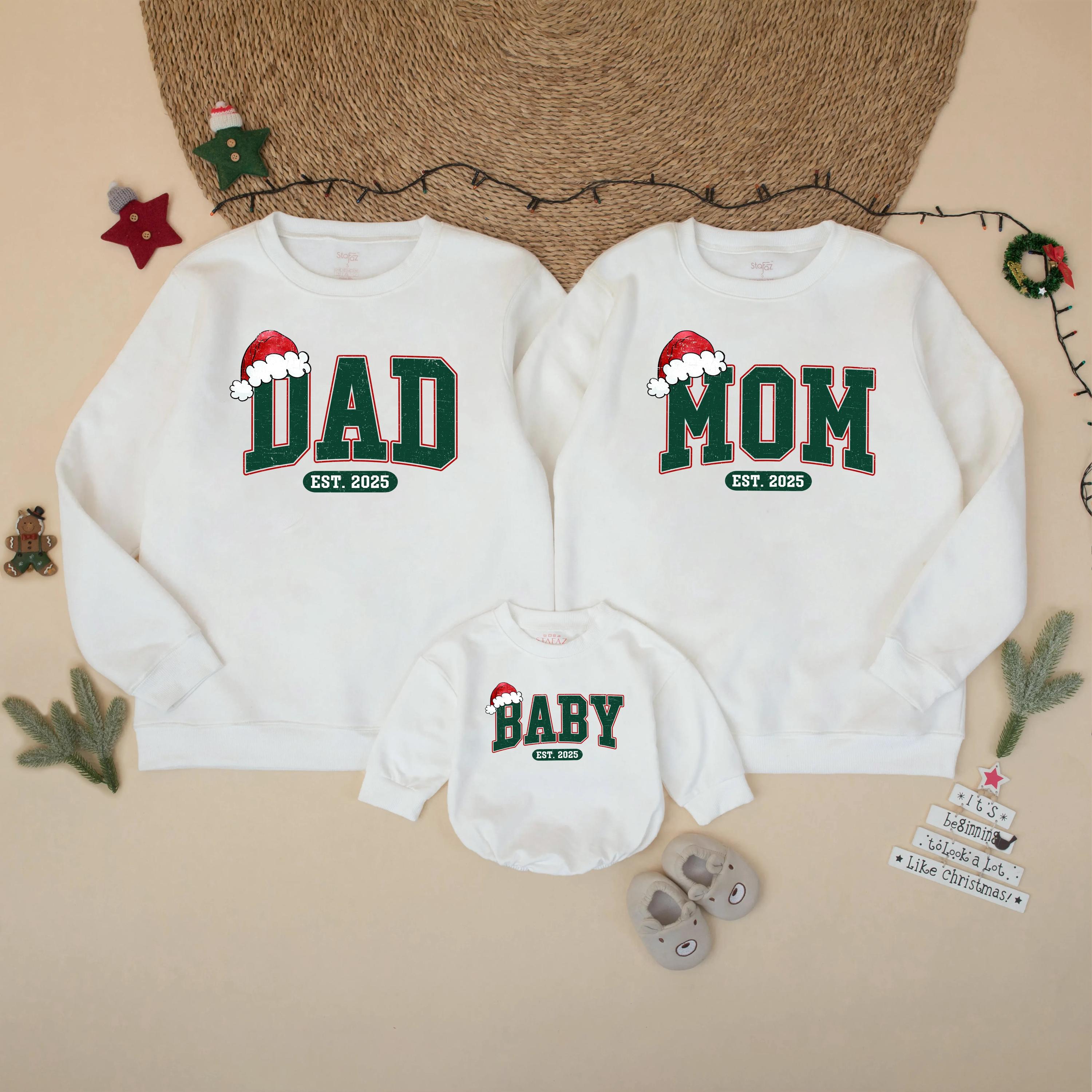 Retro Christmas Family Sweatshirts with Santa Hat Design, Matching Mom, Dad & Baby Shirts, Holiday Pregnancy Announcement Outfit