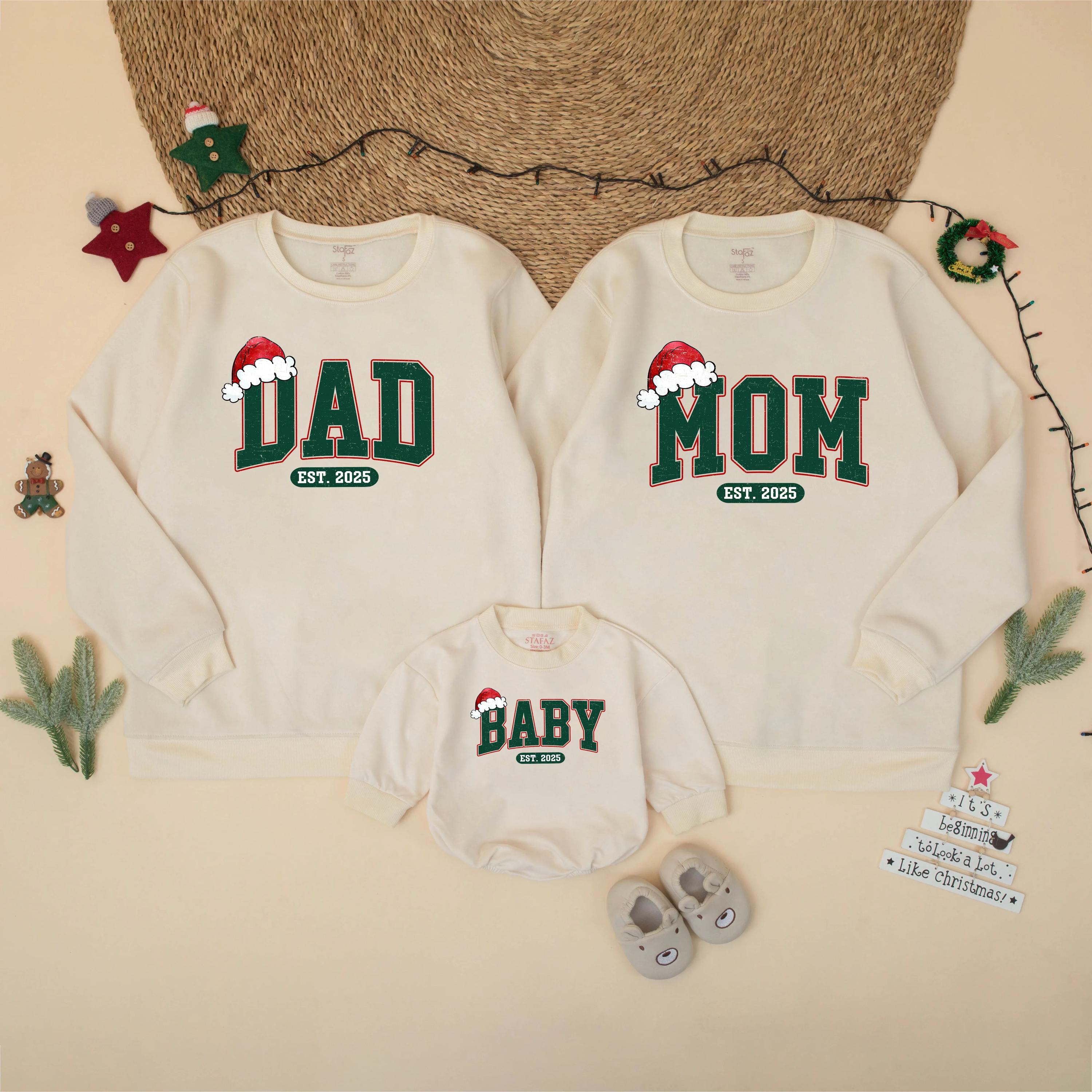 Retro Christmas Family Sweatshirts with Santa Hat Design, Matching Mom, Dad & Baby Shirts, Holiday Pregnancy Announcement Outfit