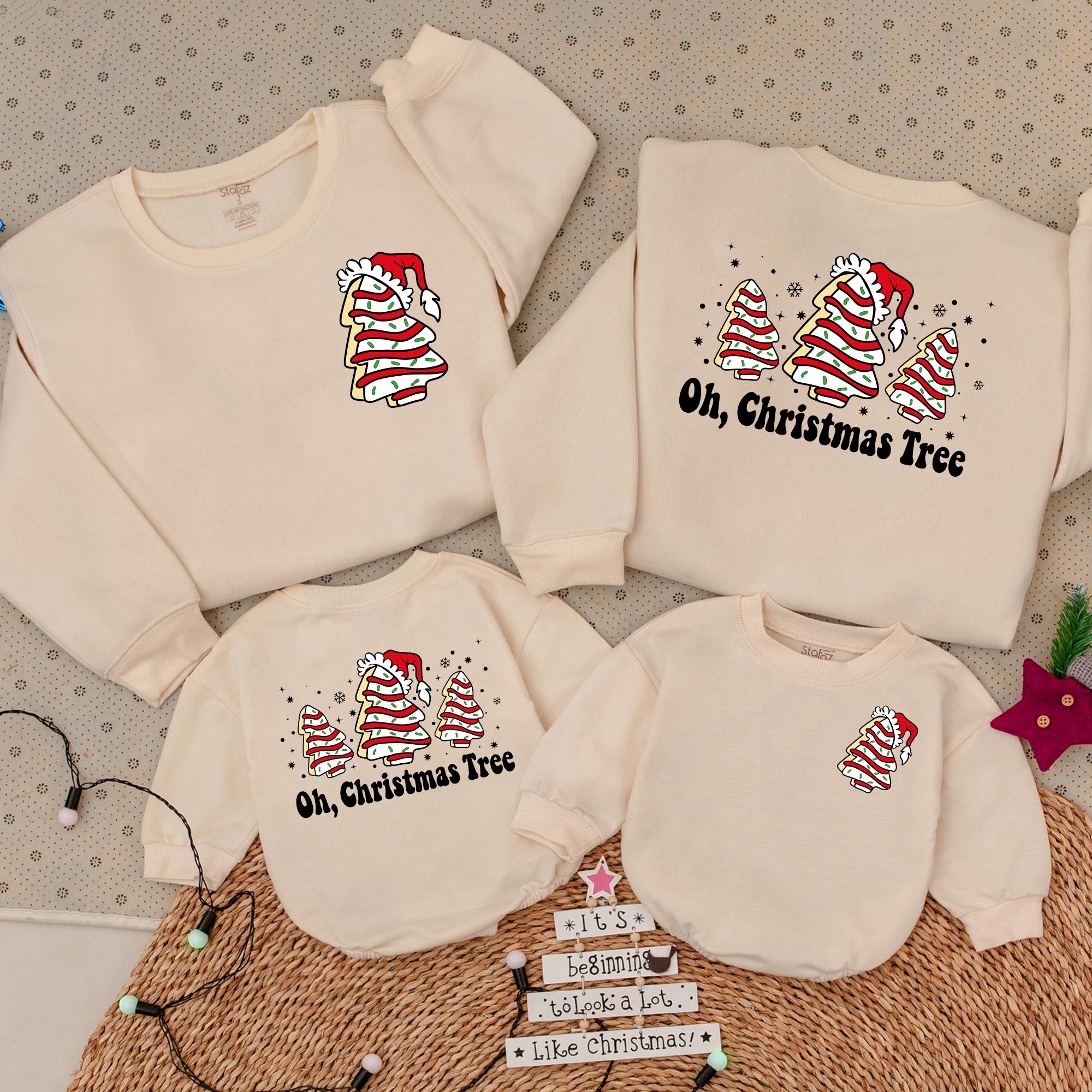 Retro Christmas Tree Cake Sweatshirt Matching Family Holiday Outfit Baby Toddler Santa Hat Festive Design Soft Cotton Warm Gift