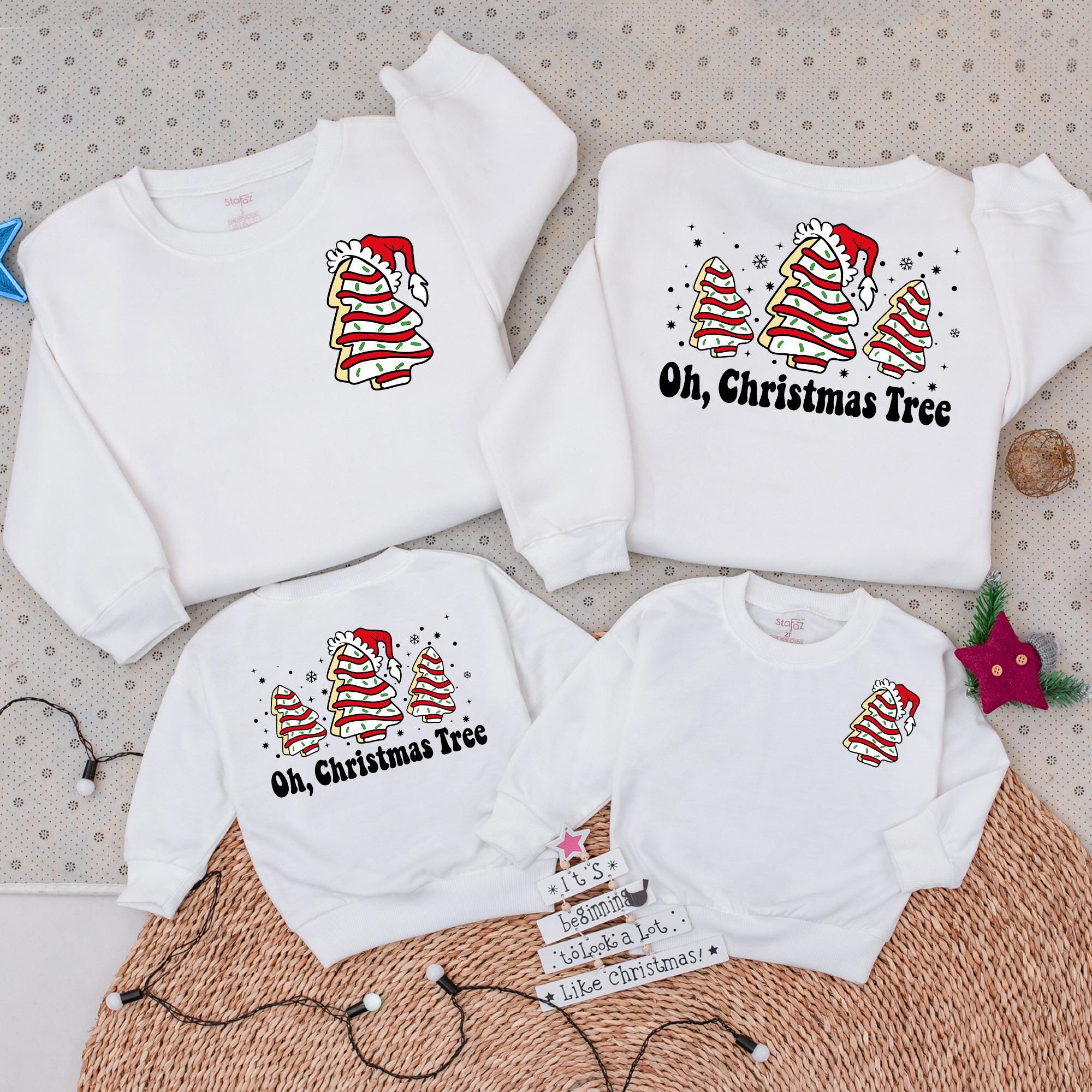Retro Christmas Tree Cake Sweatshirt Matching Family Holiday Outfit Baby Toddler Santa Hat Festive Design Soft Cotton Warm Gift