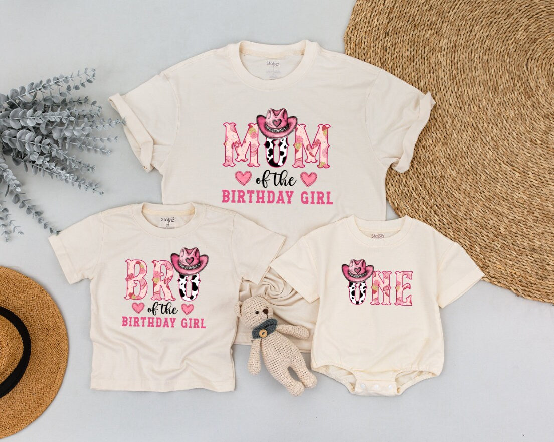 Retro Cowgirl Birthday Family Shirts Personalized Wild West Theme First Rodeo Outfit with Pink Cowboy Hats Fun Farm Design for Girls