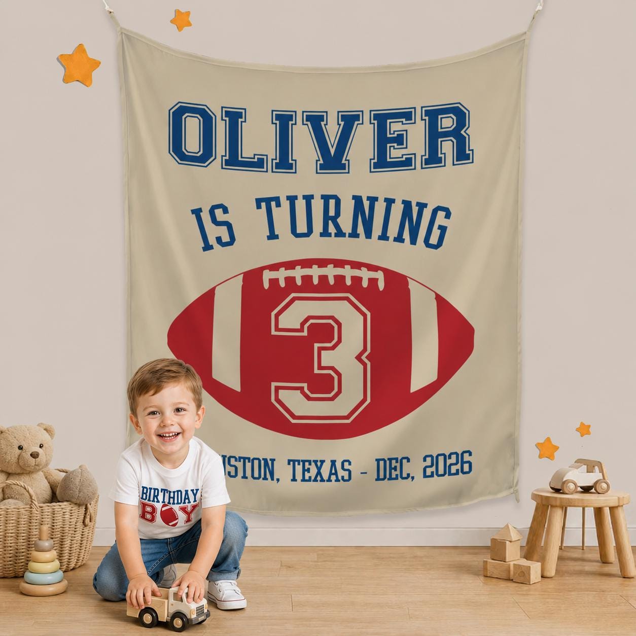 Retro Football 3rd Birthday Banner and Shirt Set for Boys Party Decor and Cake Smash, Personalized Sports Theme Outfit and Backdrop