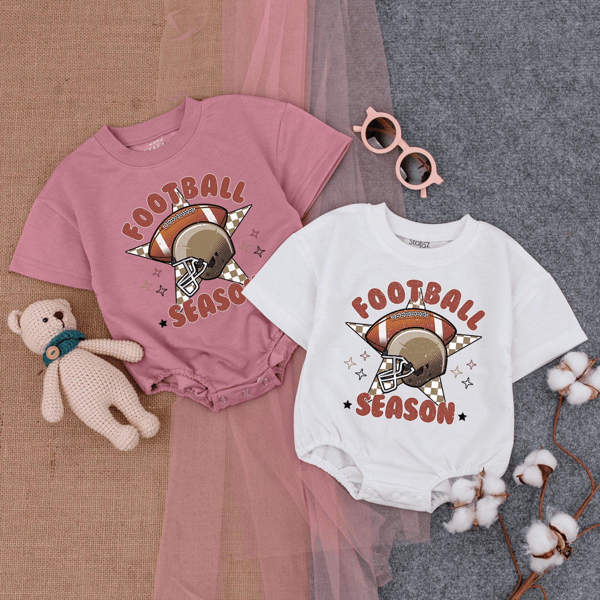 Retro Football Season Baby Romper with Lightning Bolt Helmet Design Soft Cotton Infant Outfit Earthy Tones Perfect Gameday Wear