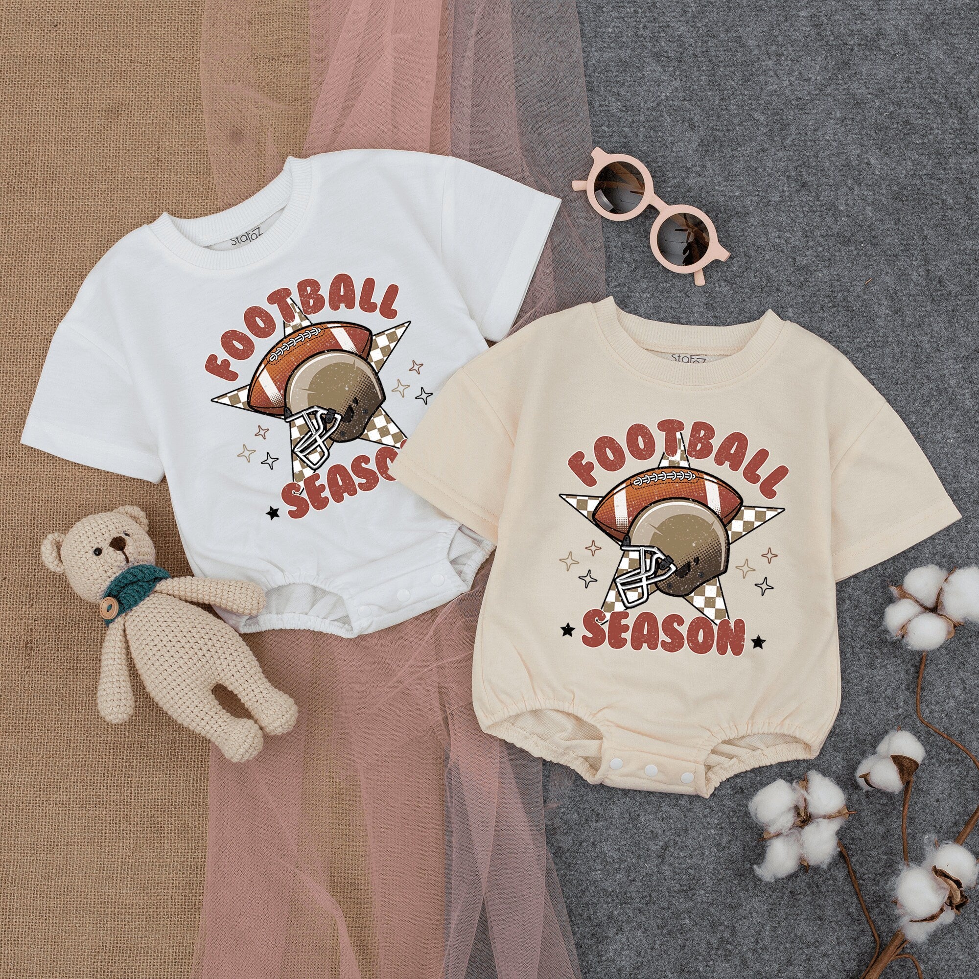 Retro Football Season Baby Romper with Lightning Bolt Helmet Design Soft Cotton Infant Outfit Earthy Tones Perfect Gameday Wear
