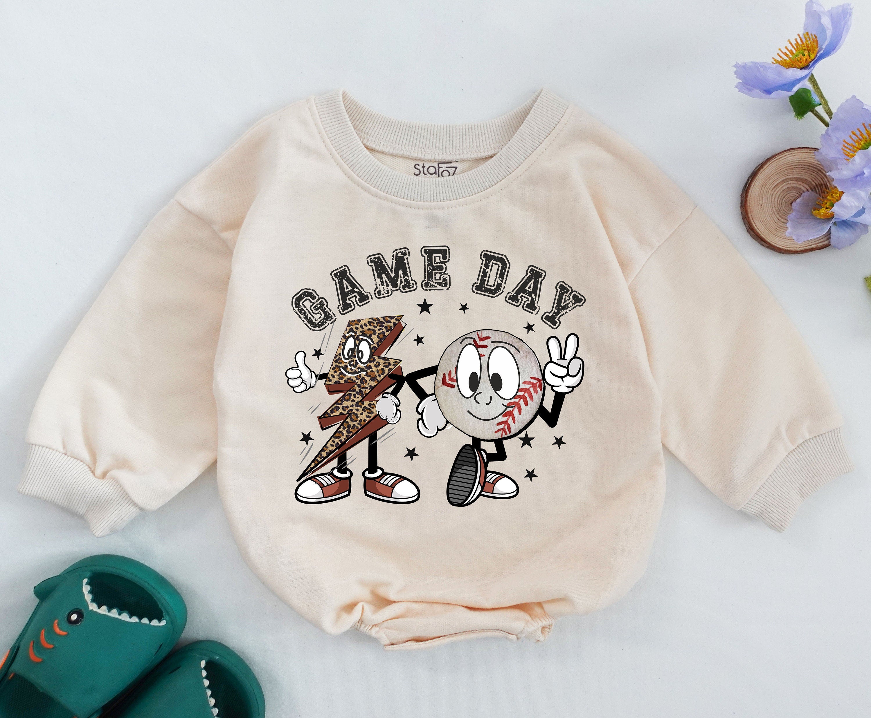 Retro Game Day Baby Romper Pizza Baseball Cartoon Oversized Toddler Outfit Soft Cotton Natural Birthday Playful Design