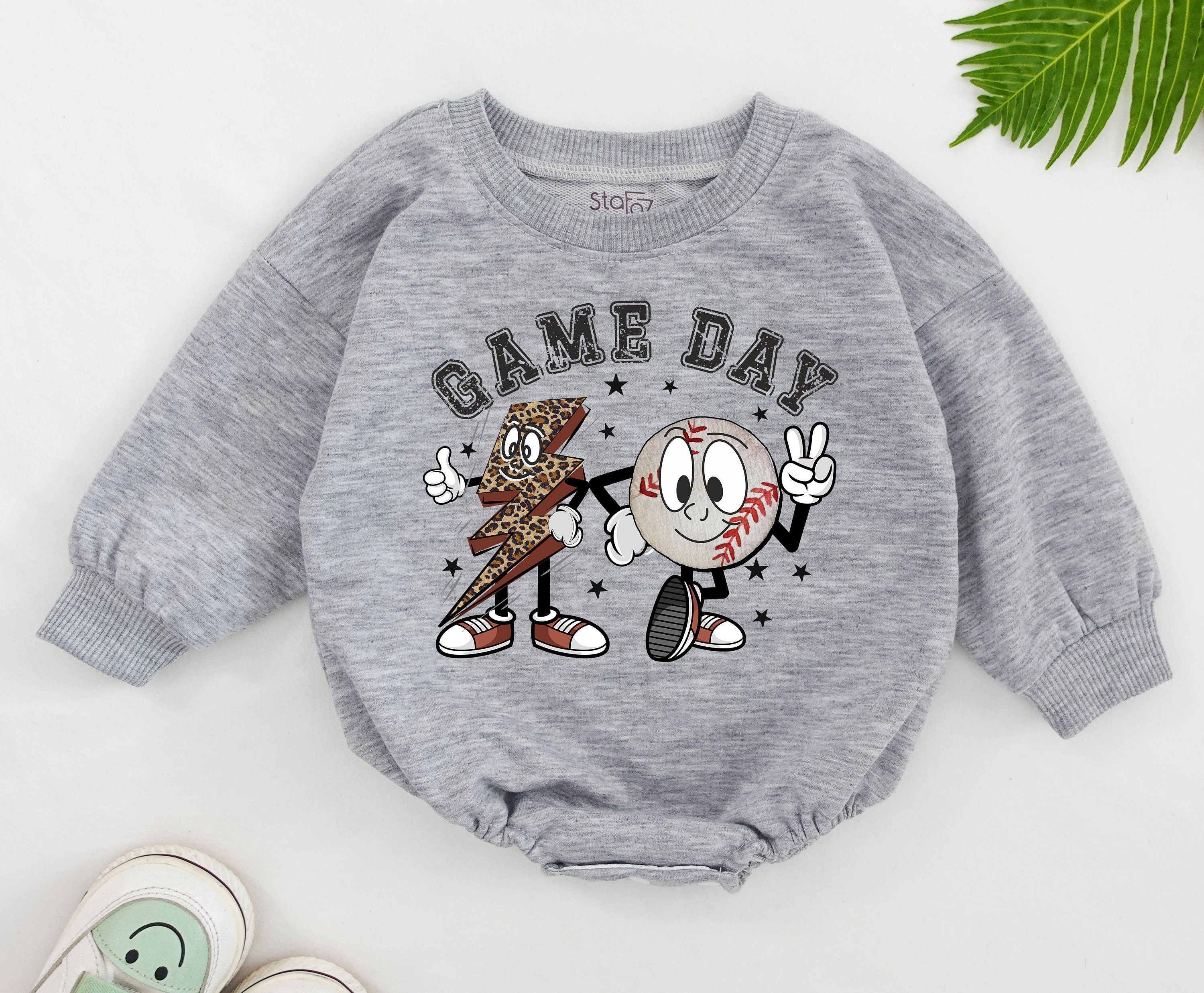 Retro Game Day Baby Romper Pizza Baseball Cartoon Oversized Toddler Outfit Soft Cotton Natural Birthday Playful Design