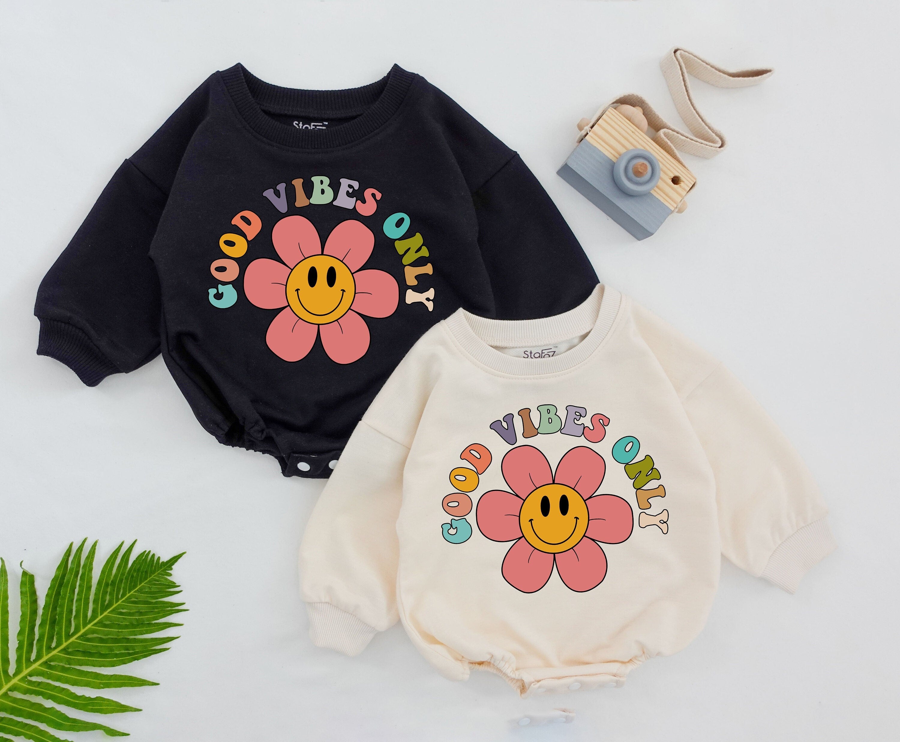 Retro Good Vibes Only Baby Romper with Smiley Face Flower Design Birthday Bodysuit Cotton Comfortable Infant Shower Outfit