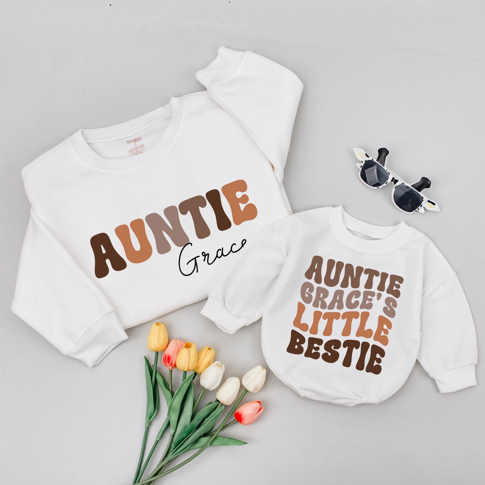 Retro Groovy Auntie Sweatshirt and Mini Me Bubble Romper with Custom Name, Matching Family Outfits for Milestone Photos