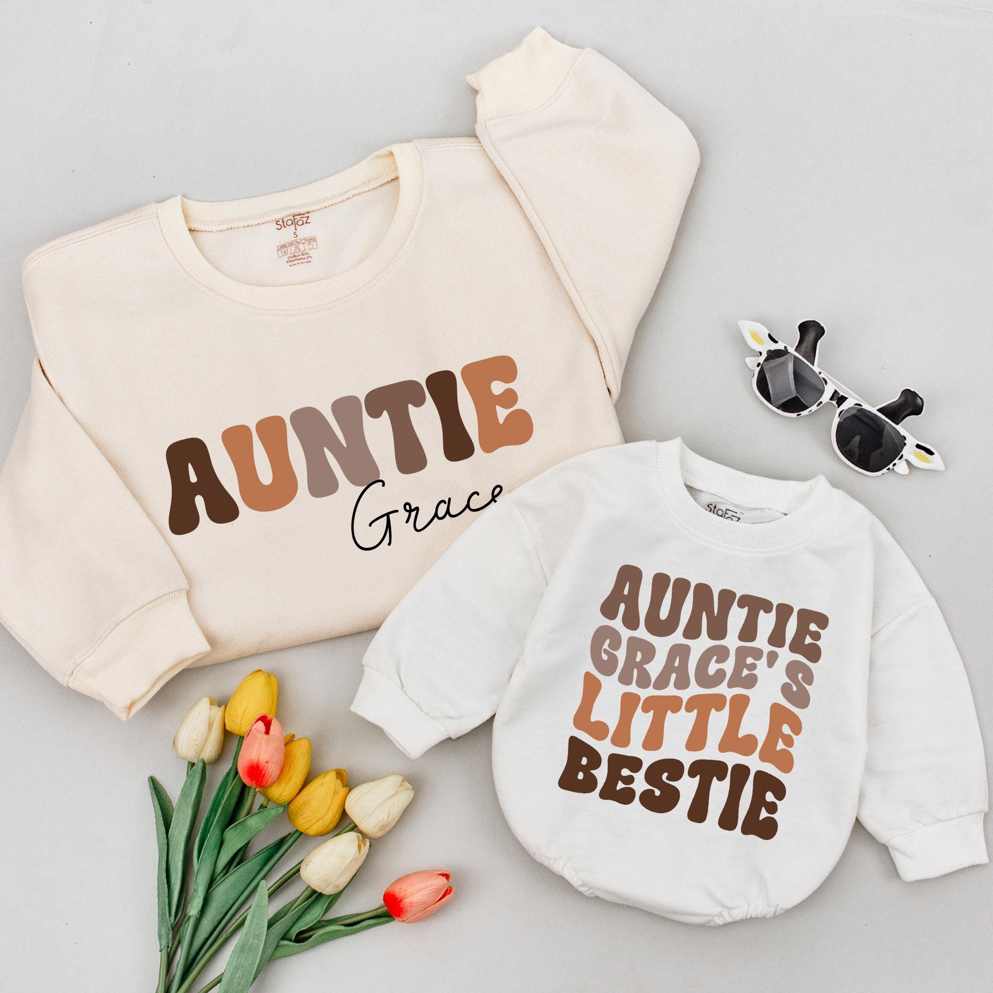 Retro Groovy Auntie Sweatshirt and Mini Me Bubble Romper with Custom Name, Matching Family Outfits for Milestone Photos