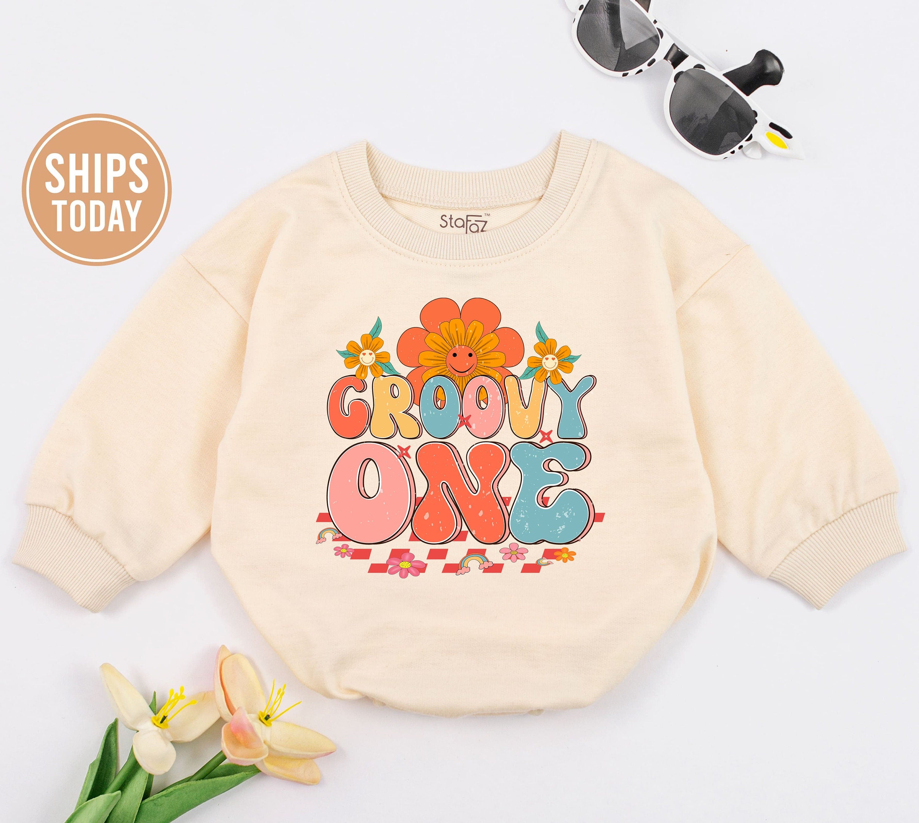 Retro Groovy Baby Romper for First Birthday, Hippie Girl Outfit with Smiley Flower and Rainbow Details, Cute Toddler Party Clothes Gift