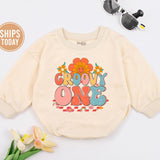 Groovy One Retro Baby Romper with Floral Motifs, Soft Cotton 1st Birthday Outfit for Baby Girls, Hippie-Inspired Milestone Clothes