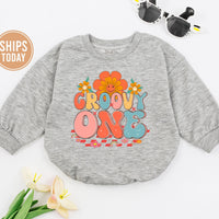 Groovy One Retro Baby Romper with Floral Motifs, Soft Cotton 1st Birthday Outfit for Baby Girls, Hippie-Inspired Milestone Clothes