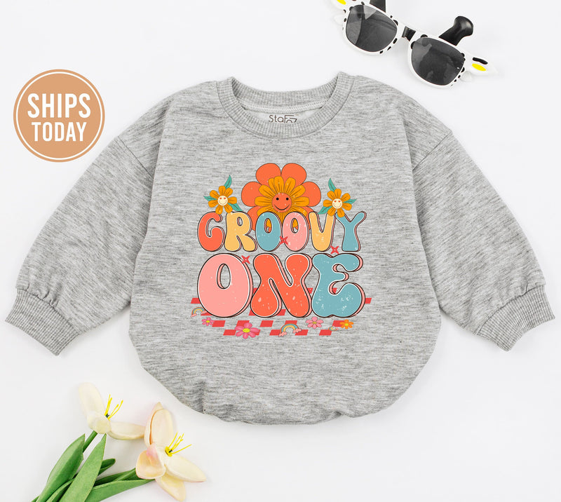 Groovy One Retro Baby Romper with Floral Motifs, Soft Cotton 1st Birthday Outfit for Baby Girls, Hippie-Inspired Milestone Clothes