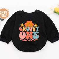 Groovy One Retro Baby Romper with Floral Motifs, Soft Cotton 1st Birthday Outfit for Baby Girls, Hippie-Inspired Milestone Clothes