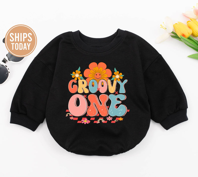 Groovy One Retro Baby Romper with Floral Motifs, Soft Cotton 1st Birthday Outfit for Baby Girls, Hippie-Inspired Milestone Clothes
