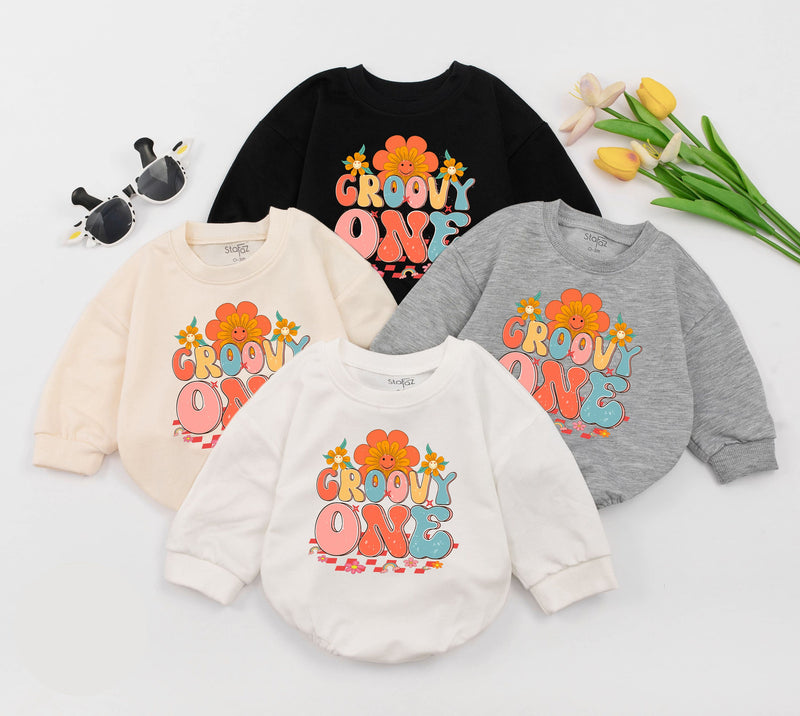Groovy One Retro Baby Romper with Floral Motifs, Soft Cotton 1st Birthday Outfit for Baby Girls, Hippie-Inspired Milestone Clothes