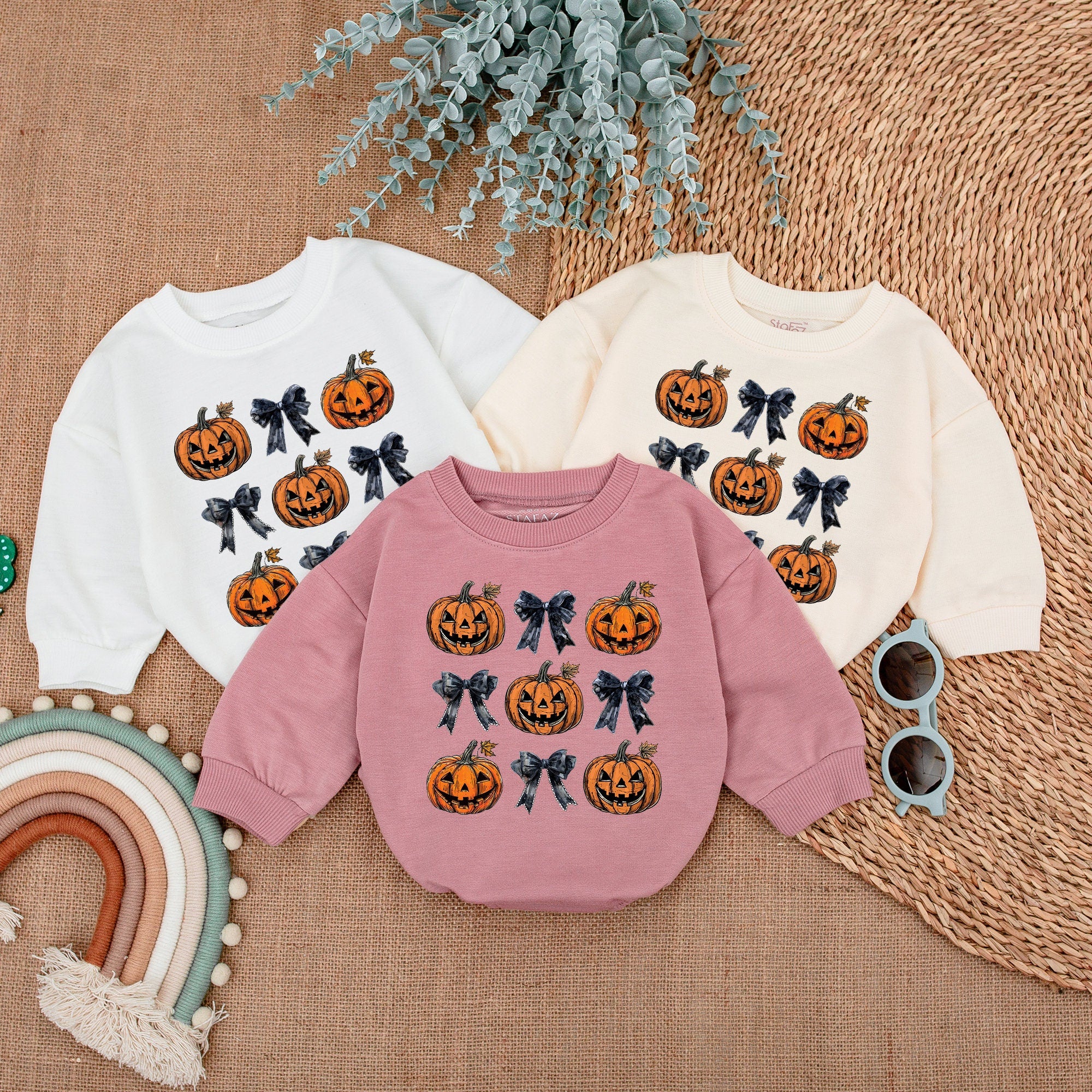 Retro Halloween Baby Romper with Vintage Jack-o'-Lanterns and Blue Bows Soft Cotton First Holiday Outfit Infant Toddler Clothes