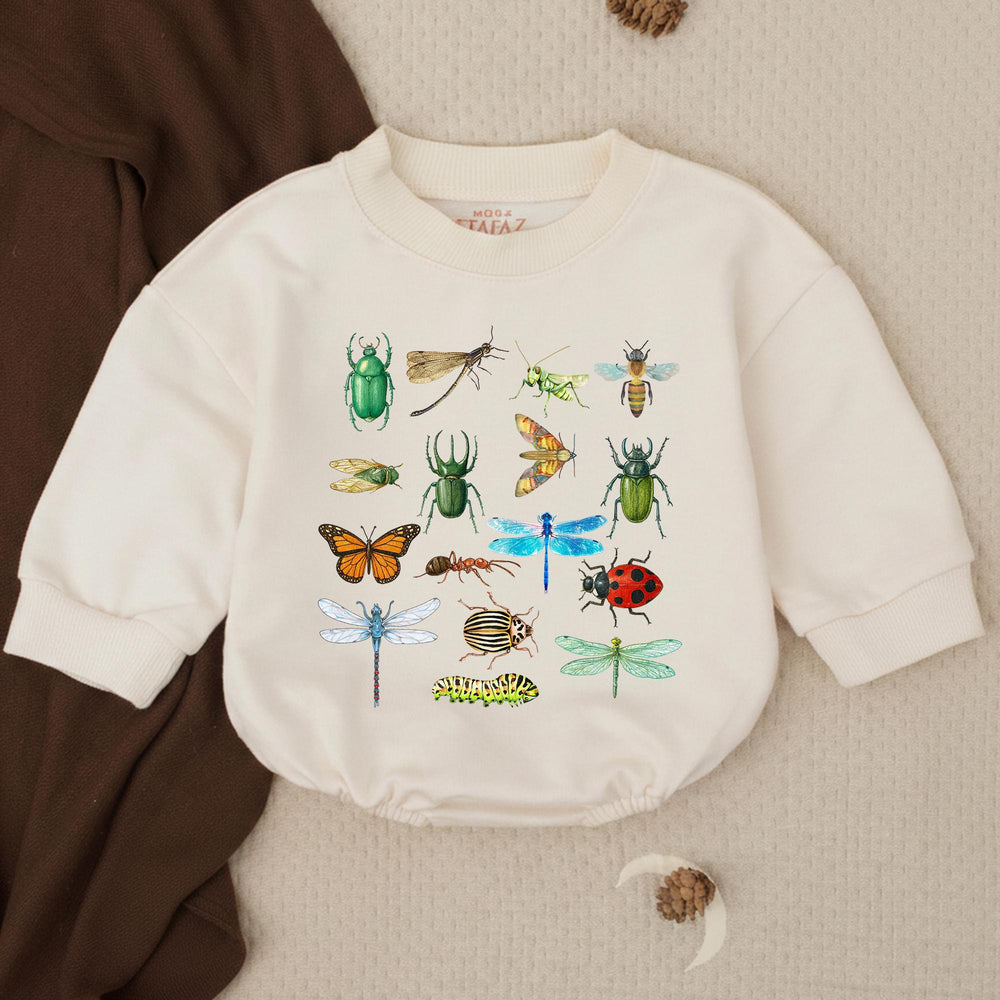 Retro Insect Baby Bubble Romper with Vintage Bugs Design, Soft Cotton Nature Toddler Outfit, Neutral Baby Clothes, Outdoorsy Gift