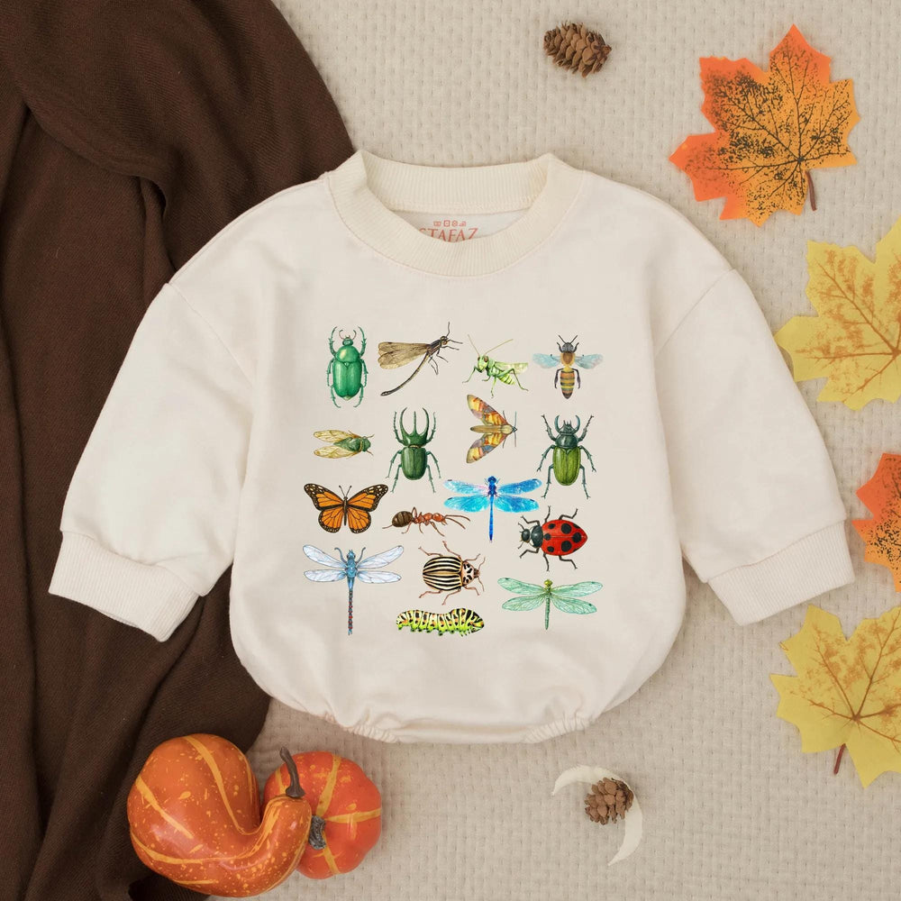 Retro Insect Baby Bubble Romper with Vintage Bugs Design, Soft Cotton Nature Toddler Outfit, Neutral Baby Clothes, Outdoorsy Gift