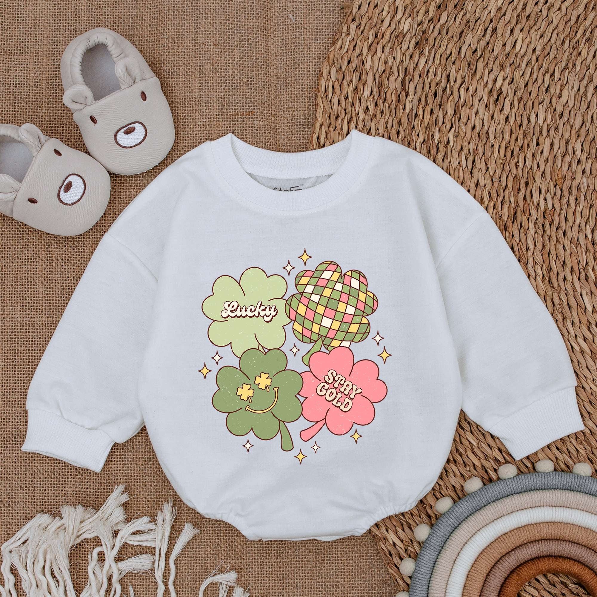 Retro Irish Baby Romper with Colorful Clover Design Light Mauve Soft Cotton St Patrick's Day Outfit Newborn Toddler Holiday Clothes