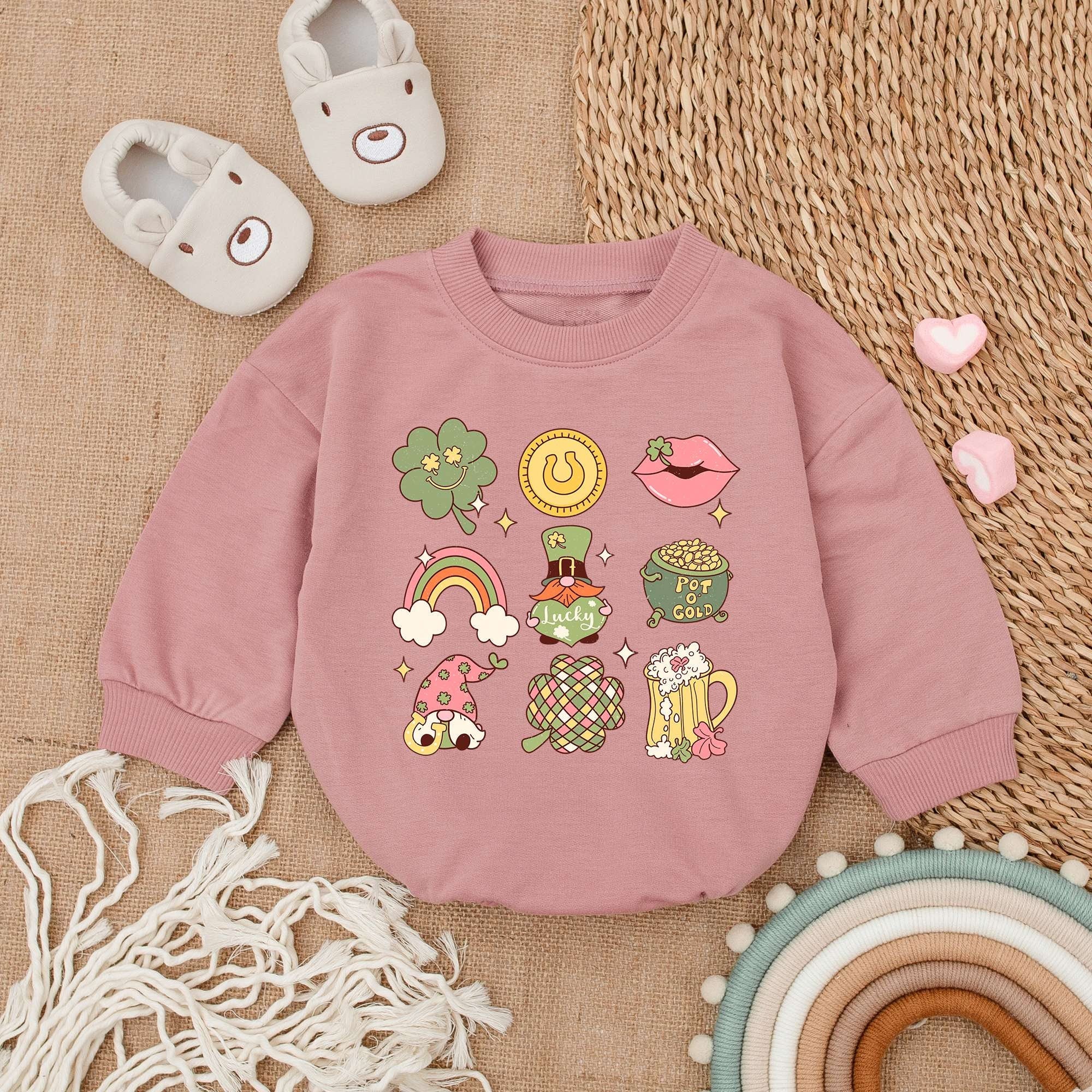 Retro Irish Baby Romper St Patrick's Day Outfit Colorful Icons Fun Bodysuit Infant Newborn Mauve Soft Cotton Holiday Party Clothes