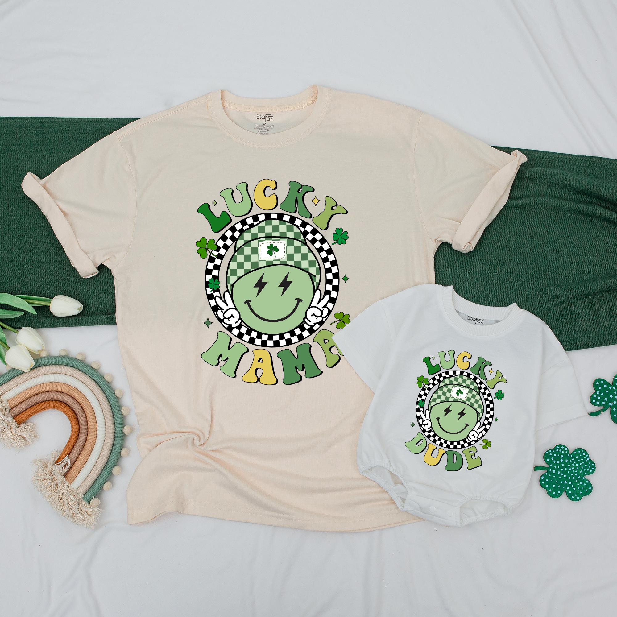 Retro Lucky Family Matching Shirts for St. Patrick's Day Baby Toddler Outfit Personalized Names Shamrock Smiley Face Design Gift