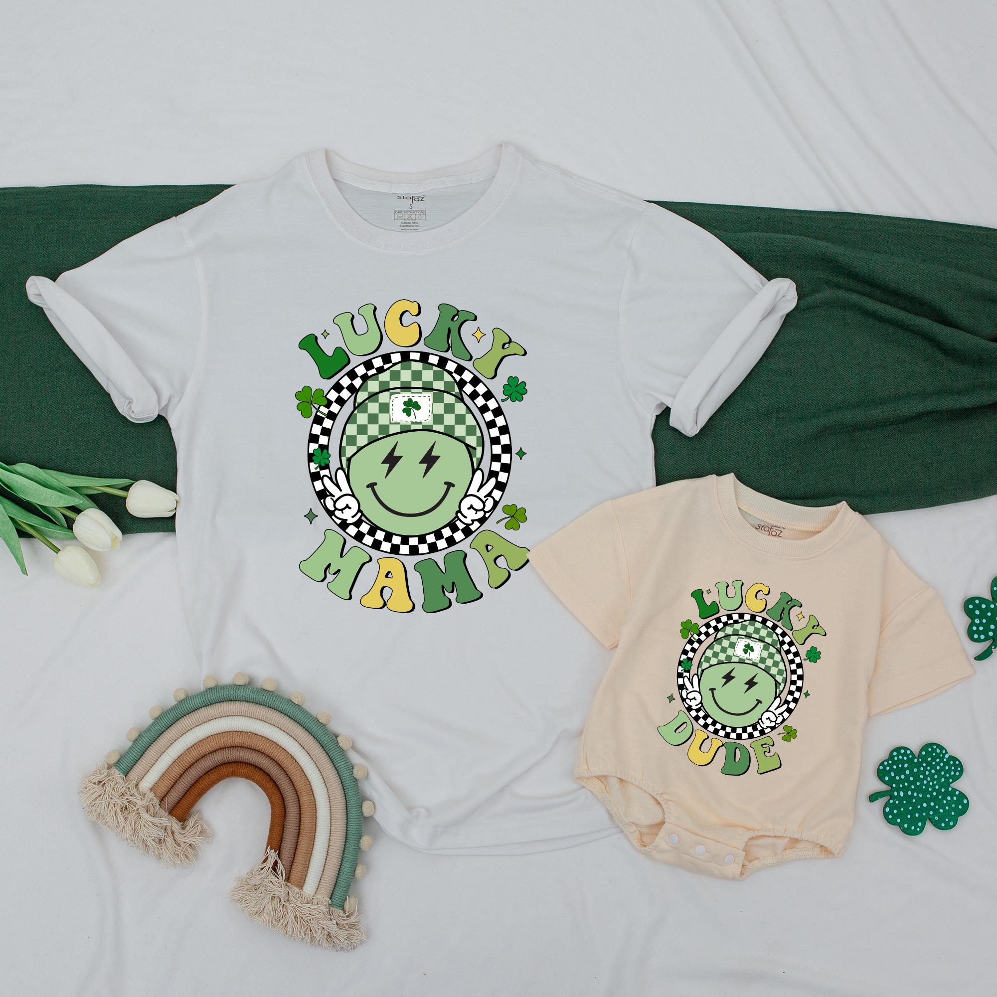 Retro Lucky Family Matching Shirts for St. Patrick's Day Baby Toddler Outfit Personalized Names Shamrock Smiley Face Design Gift